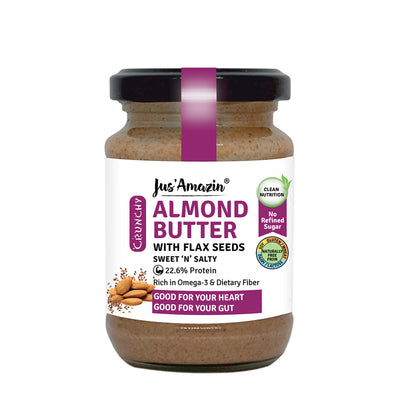 Almond Butter with Crunchy Whole Flax Seeds (125 g Glass Jar) | Rich in Omega-3