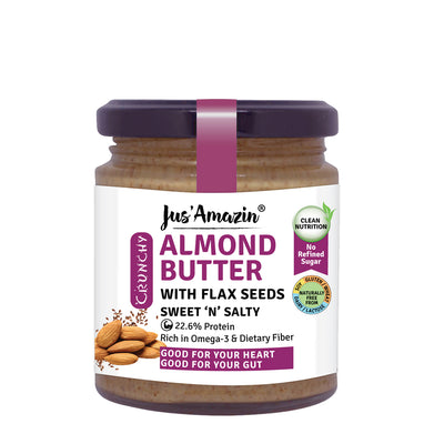 Almond Butter with Crunchy Whole Flax Seeds (200 g Glass Jar) | Rich in Omega-3