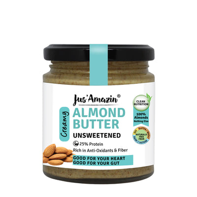 Almond Butter - Unsweetened (200g Glass Jar) | 25% Protein | 100% Almonds | Zero Additives | 100% Natural