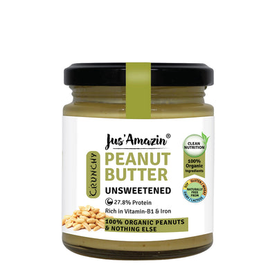 Crunchy Organic Peanut Butter - Unsweetened (200g Glass Jar) |100% Organic Peanuts, & nothing else !