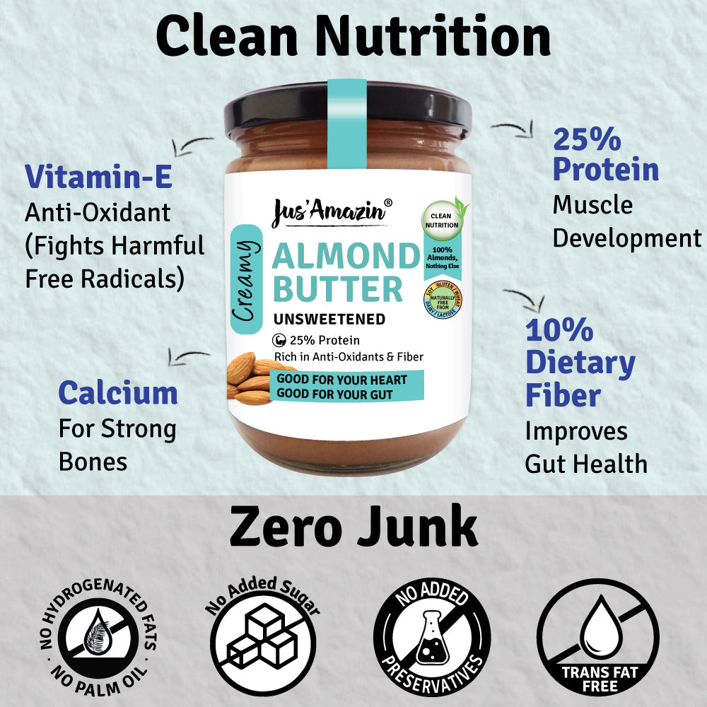 
                  
                    Almond Butter - Unsweetened (500g Glass Jar) | 25% Protein | 100% Almonds | Zero Additives | 100% Natural
                  
                