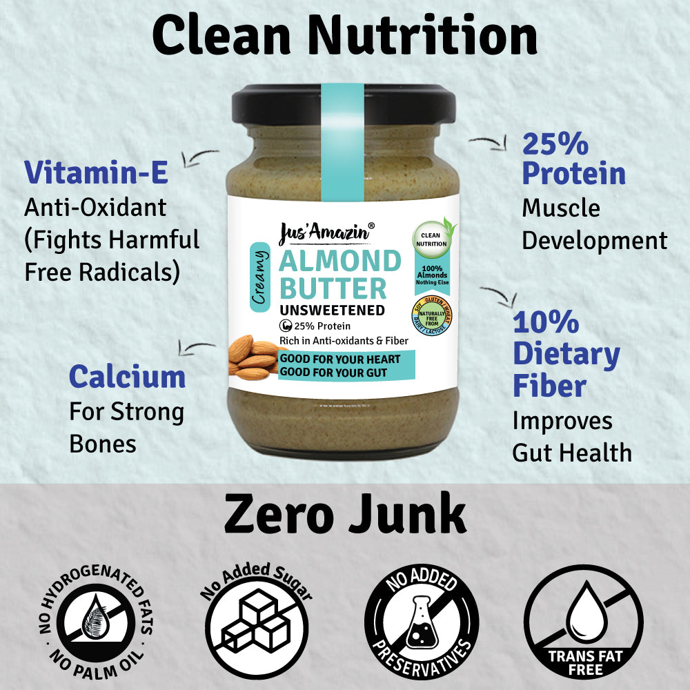 
                  
                    Almond Butter - Unsweetened (125g Glass Jar) | 25% Protein | 100% Almonds | Zero Additives | 100% Natural
                  
                