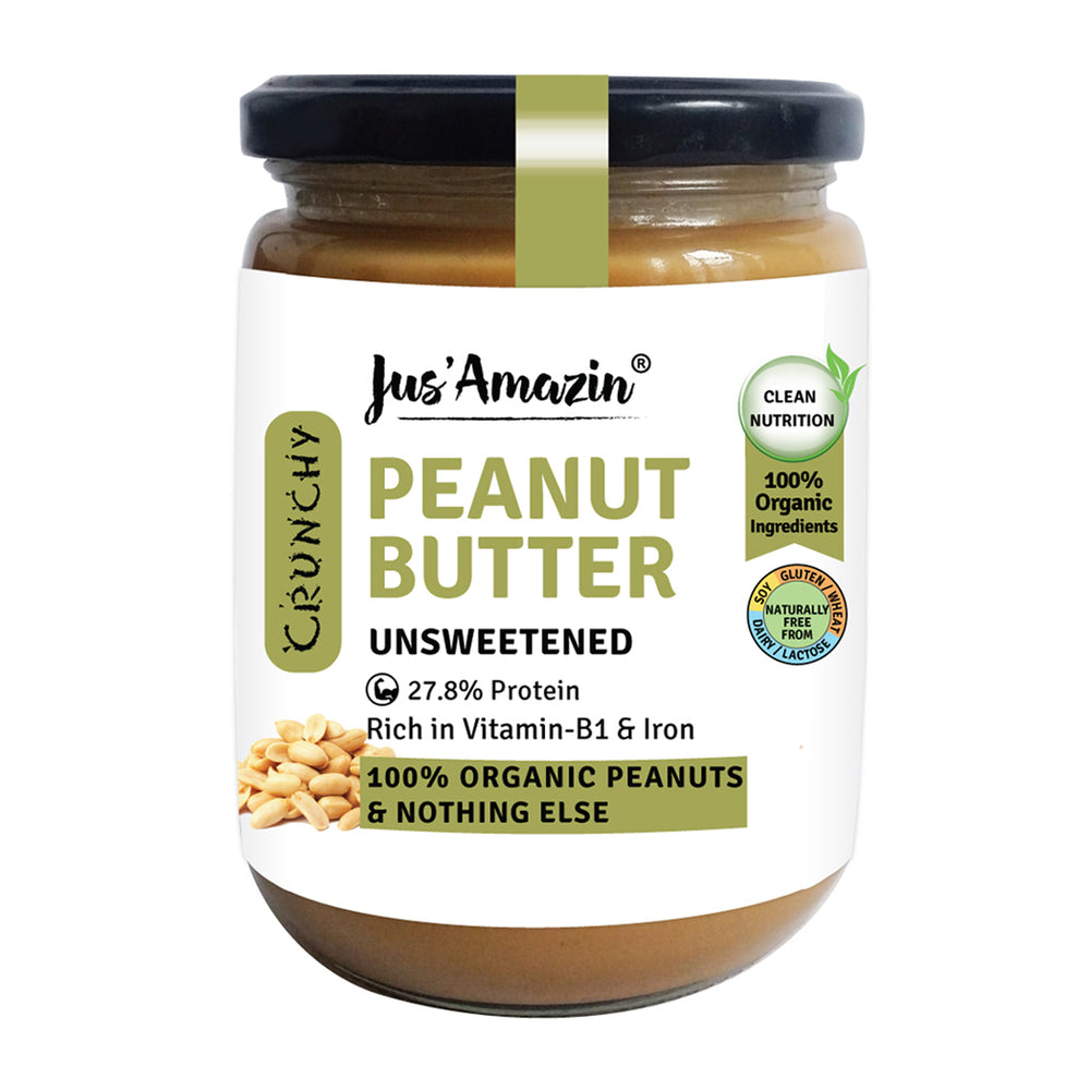 
                  
                    Crunchy Organic Peanut Butter Unsweetened (500 g Glass Jar)| 100% Organic Ingredients | 31% Protein
                  
                