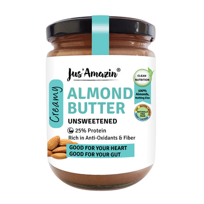 Almond Butter - Unsweetened (500g Glass Jar) | 25% Protein | 100% Almonds | Zero Additives | 100% Natural