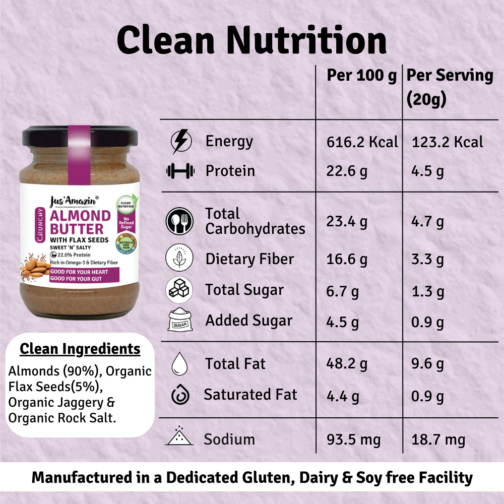 
                  
                    Almond Butter with Crunchy Whole Flax Seeds (125 g Glass Jar) | Rich in Omega-3
                  
                