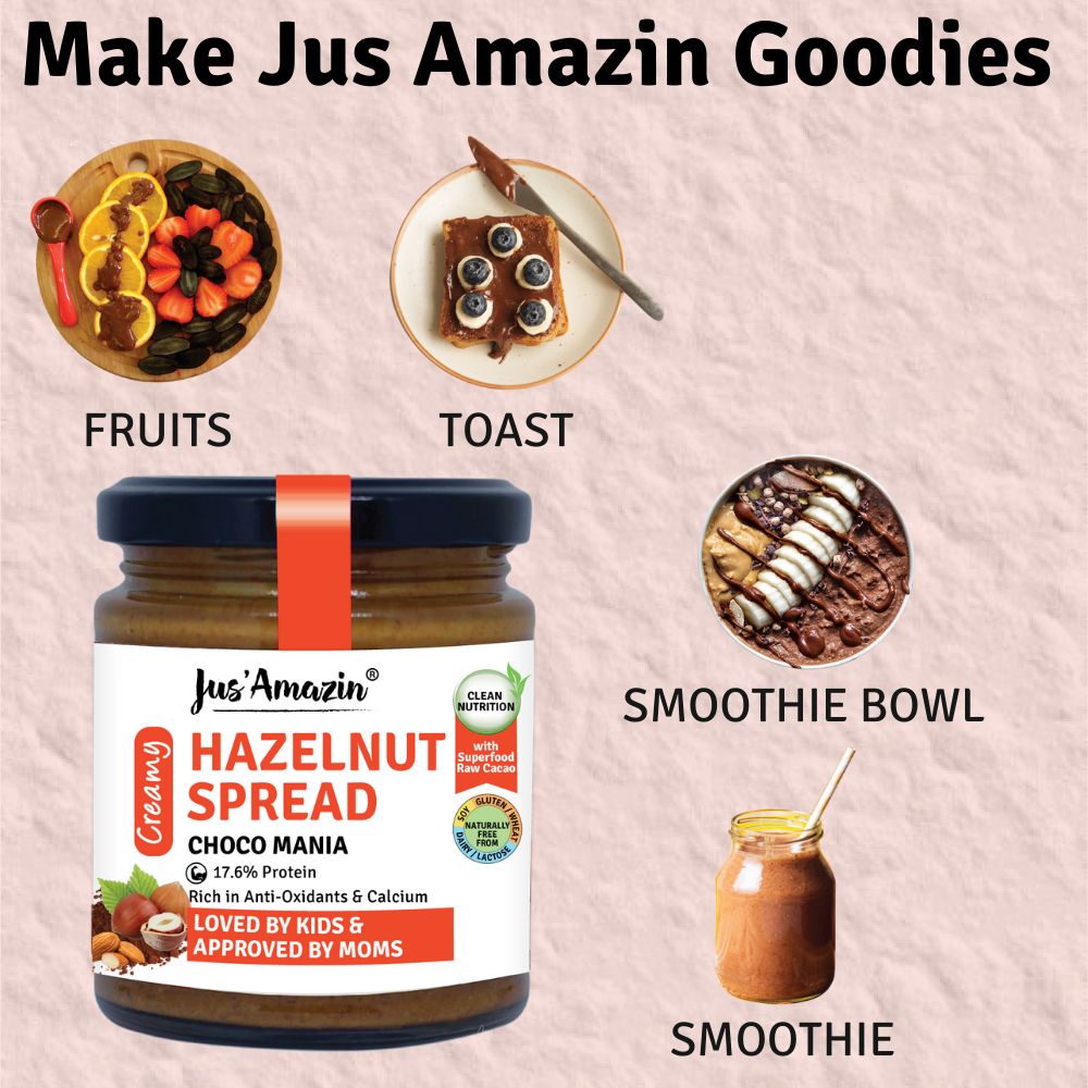 
                  
                    Hazelnut Spread Creamy - Choco Mania (200g Glass Jar) | 4X Less Sugar & 3X More Protein | 80% Nuts & Raw Cacao
                  
                