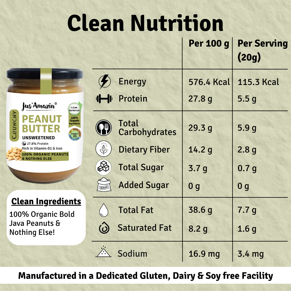 
                  
                    Crunchy Organic Peanut Butter Unsweetened (500 g Glass Jar)| 100% Organic Ingredients | 31% Protein
                  
                