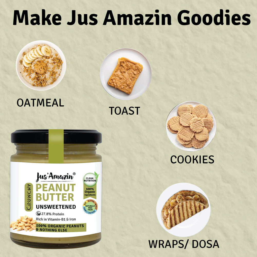 
                  
                    Crunchy Organic Peanut Butter - Unsweetened (200g Glass Jar) |100% Organic Peanuts, & nothing else !
                  
                
