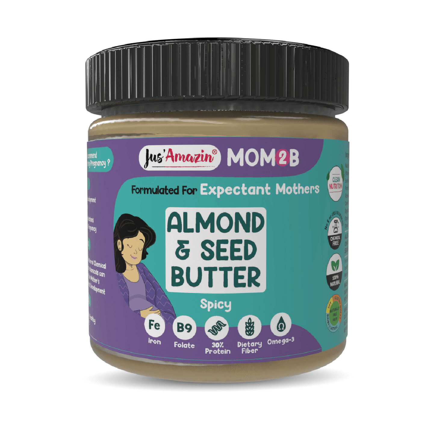 
                  
                    Jus Amazin Mom2B Spicy Almond & Seed Butter (200g) | For Pregnant & Nursing Women | High in Protein, Rich in Iron, Calcium & Folate | Clean Nutrition – 100% Natural, No Preservatives, No Chemicals
                  
                