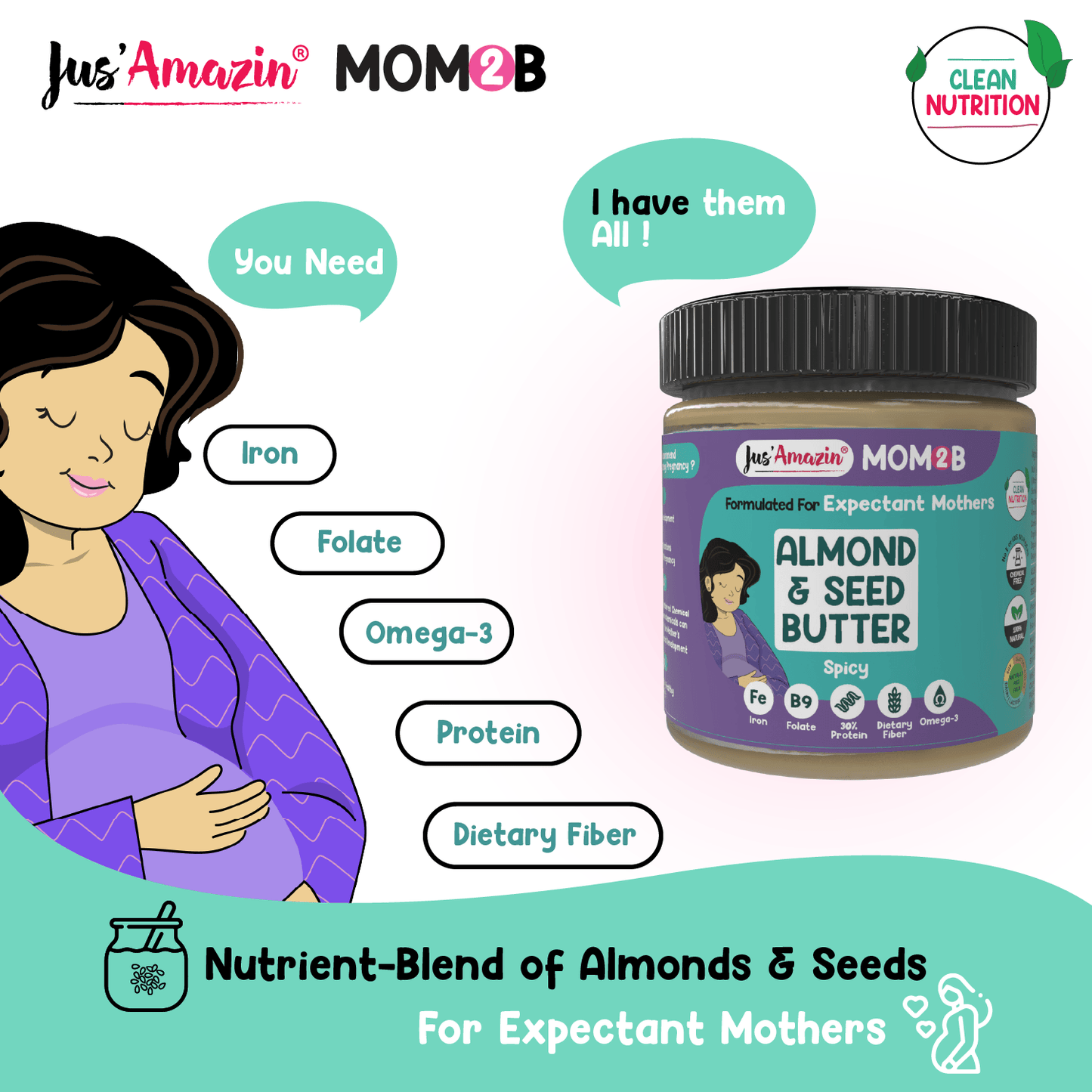 
                  
                    Jus Amazin Mom2B Spicy Almond & Seed Butter (200g) | For Pregnant & Nursing Women | High in Protein, Rich in Iron, Calcium & Folate | Clean Nutrition – 100% Natural, No Preservatives, No Chemicals
                  
                