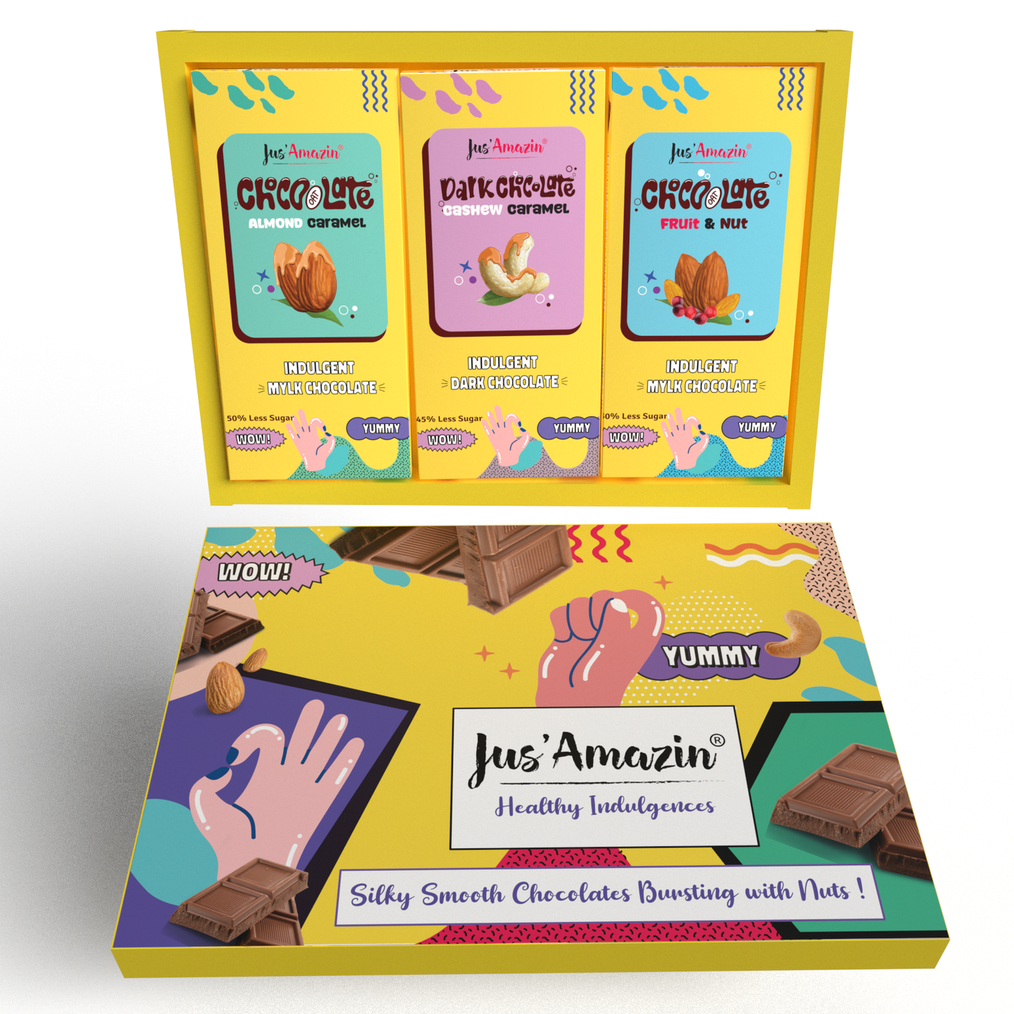 
                  
                    Jus Amazin’s Funky Gift box of Delicious Chocolates for Gifting | Mylk Chocolates - (Fruit &  Nut | Almond Caramel) | Dark Chocolate - Cashew Caramel
                  
                