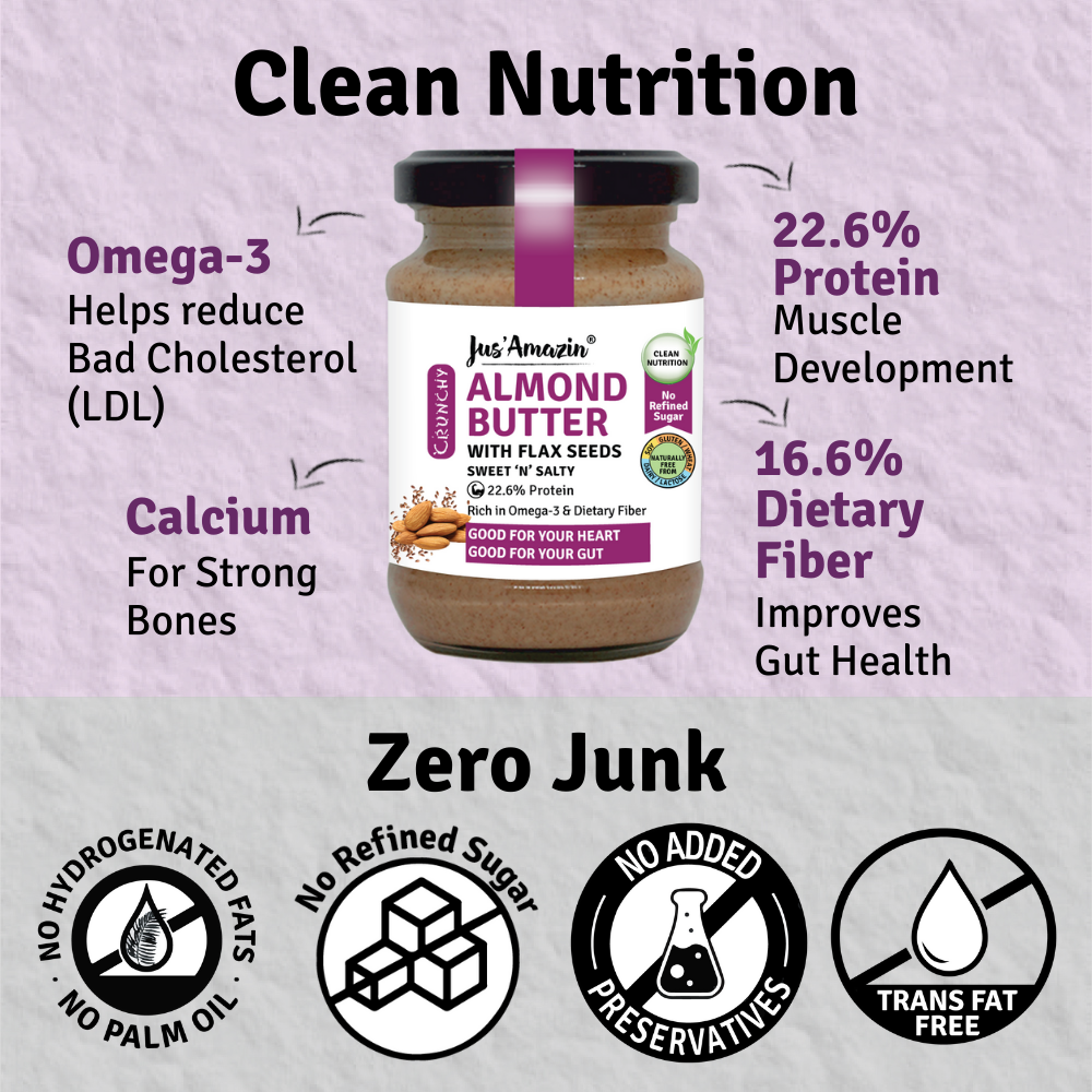 Almond Butter with Crunchy Whole Flax Seeds (Rich in Omega-3) - 125 g