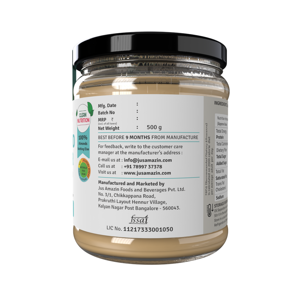
                  
                    Crunchy Almond Butter - Unsweetened (500 g Glass Jar) | 25.5% Protein | 100% Almonds | 100% Natural
                  
                