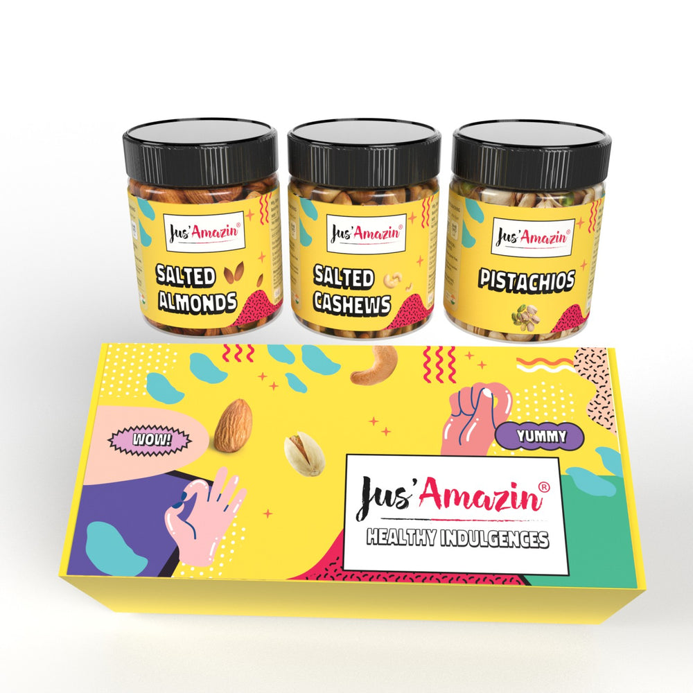 
                  
                    Jus Amazin’s Funky Gift box of Healthy Nuts for Gifting | Roasted Nuts-(Salted Almonds |Salted Pistachios| Salted Cashews)
                  
                