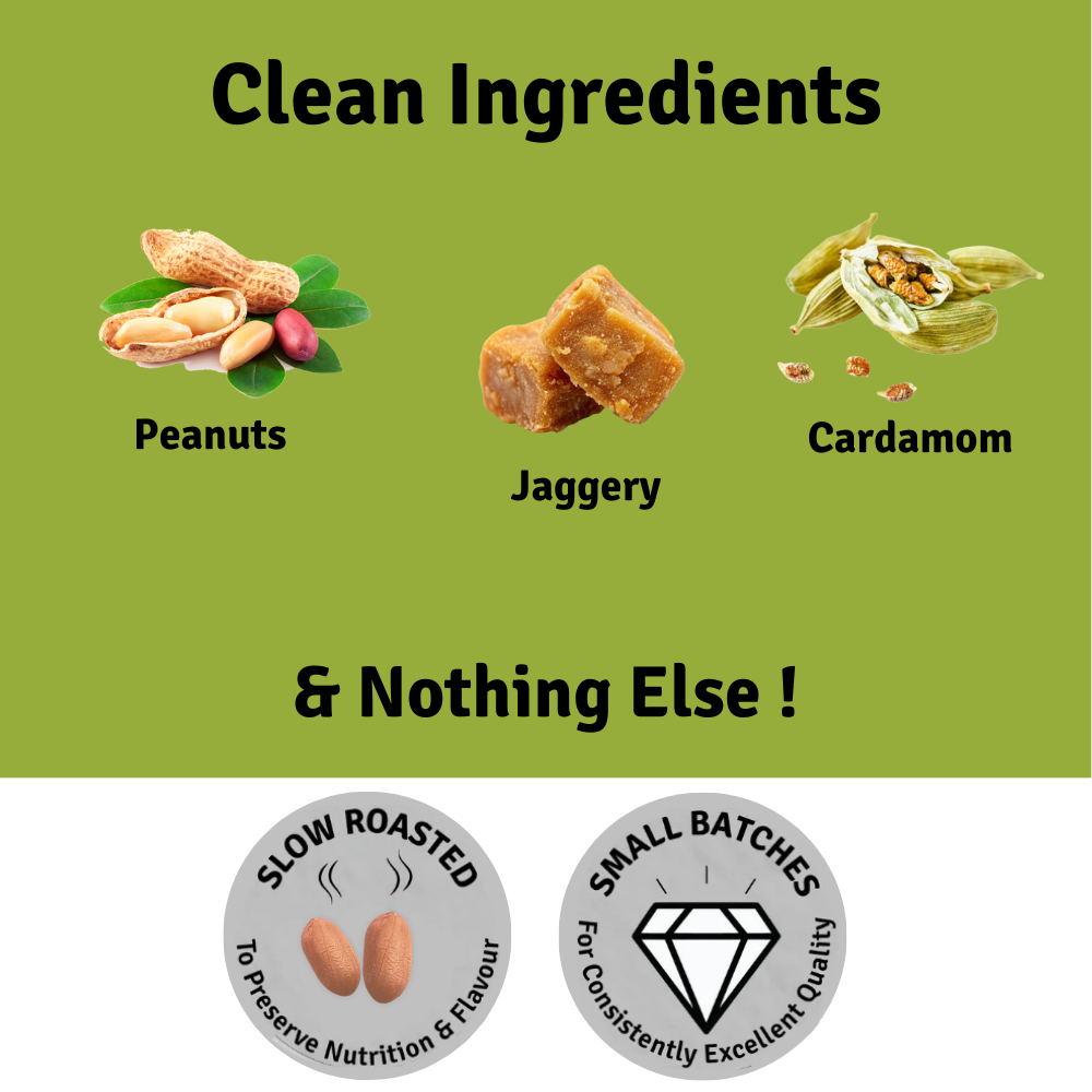 
                  
                    Crushed Peanut Chikki with Jaggery-100g -( Pack of 5) |Rich in  Protein, Dietary Fiber & Anti-Oxidants| No Refined Sugar | No Liquid Glucose
                  
                