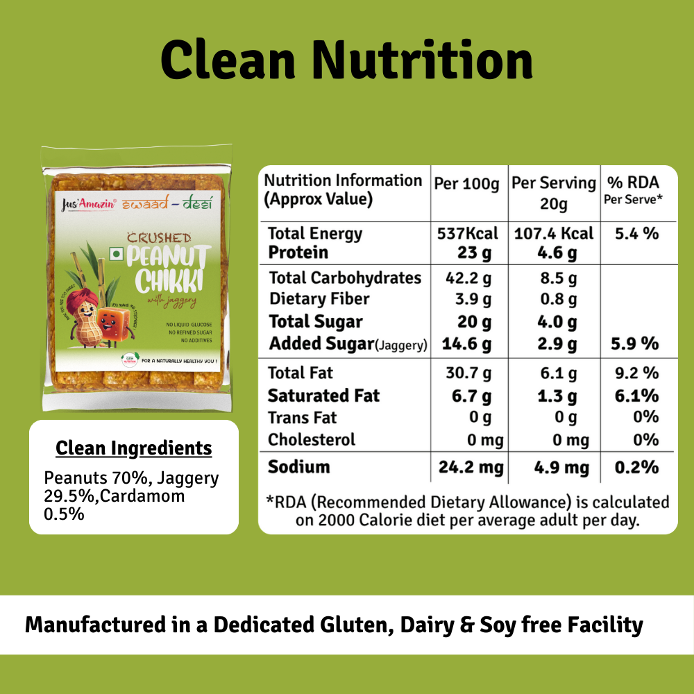 
                  
                    Crushed Peanut Chikki with Jaggery-100g -( Pack of 5) |Rich in  Protein, Dietary Fiber & Anti-Oxidants| No Refined Sugar | No Liquid Glucose
                  
                