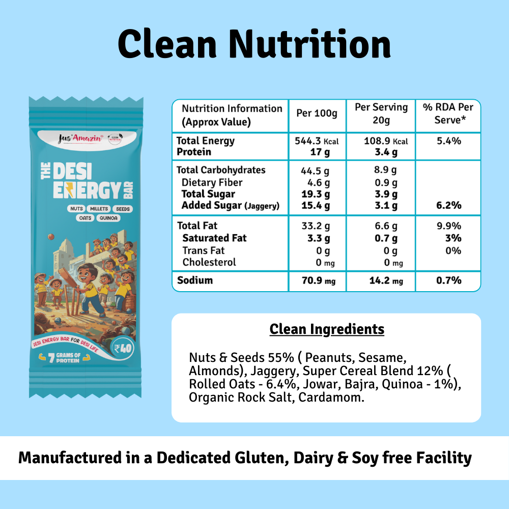 
                  
                    Desi Energy Bar-40 g-( Pack of 5) |Nuts | Millets | Seeds | Oats | Quinoa| Complete-Wholesome Snack – Energy Bar| 7 Grams of Protein
                  
                