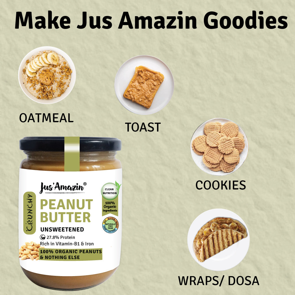 
                  
                    Crunchy Organic Peanut Butter Unsweetened (500 g Glass Jar)| 100% Organic Ingredients | 31% Protein
                  
                
