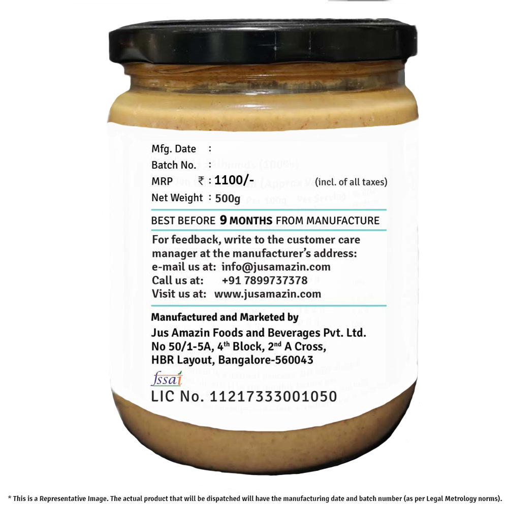 
                  
                    Almond Butter - Unsweetened (500g Glass Jar) | 25% Protein | 100% Almonds | Zero Additives | 100% Natural
                  
                