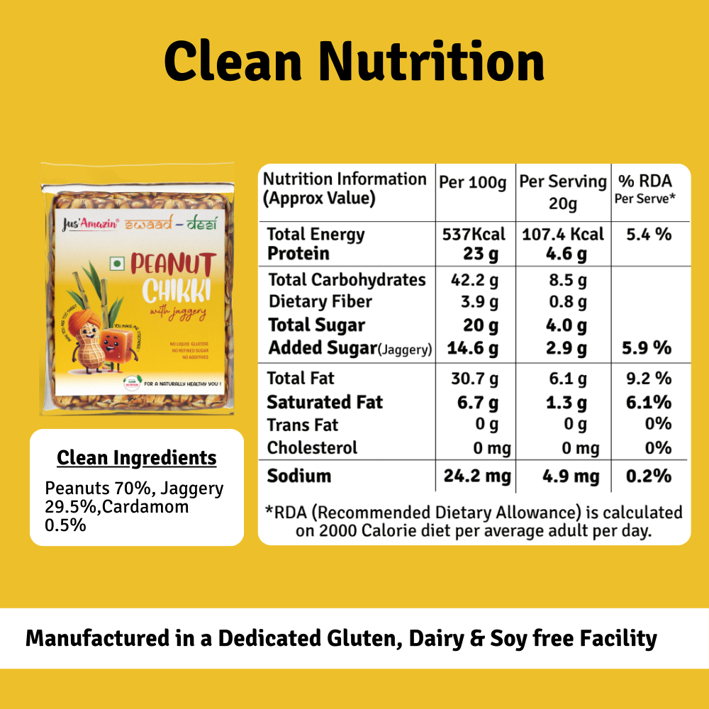 
                  
                    Peanut Chikki with Jaggery-100g- ( Pack of 5) |Rich in  Amino Acids, Protein ,Dietary Fiber & Anti-Oxidants| No Refined Sugar | No Liquid Glucose
                  
                