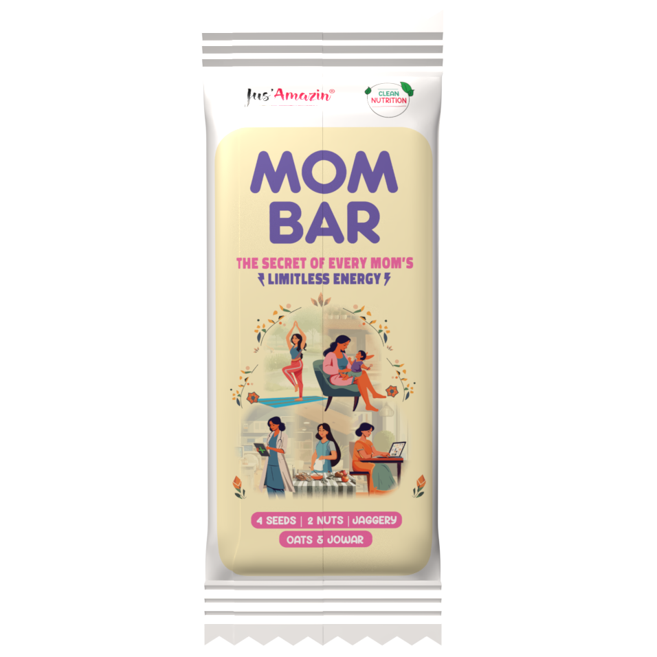 Jus Amazin MOM Bar (40g x 4) | Pack of 4 | Developed for Active Women & Moms - 4 Seeds, 2 Nuts, Jowar, Oats, Jaggery | Clean Nutrition - 100% Natural, 0% Junk/Chemicals | Flavour of Classic Chikki, No Glucose
