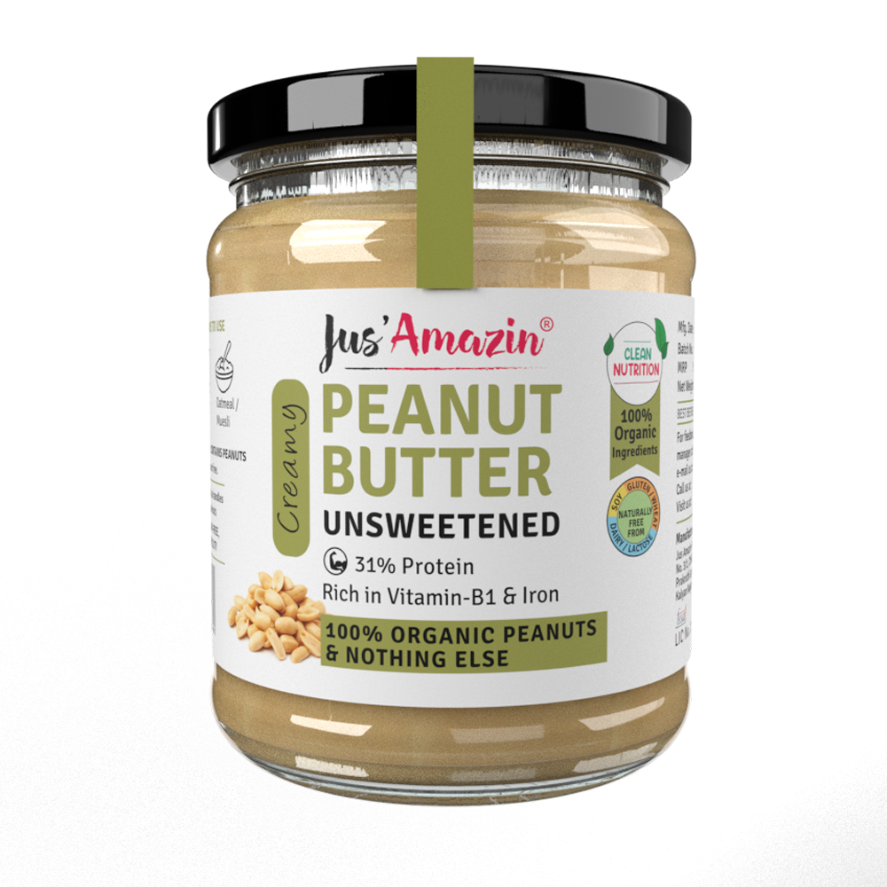 Organic Peanut Butter - Unsweetened (500g Glass Jar) | 100% Organic Ingredients | 31% Protein - 200 g