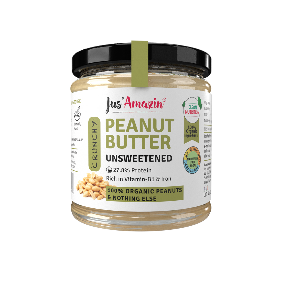 Crunchy Organic Peanut Butter - Unsweetened (200g Glass Jar) |100% Organic Peanuts, & nothing else !
