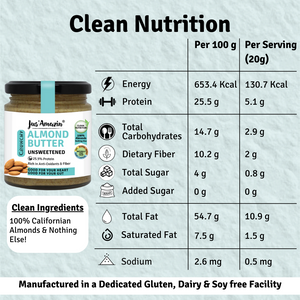 Crunchy Almond Butter - Unsweetened | 25.5% Protein | 100% Almonds | 100% Natural - 200 g